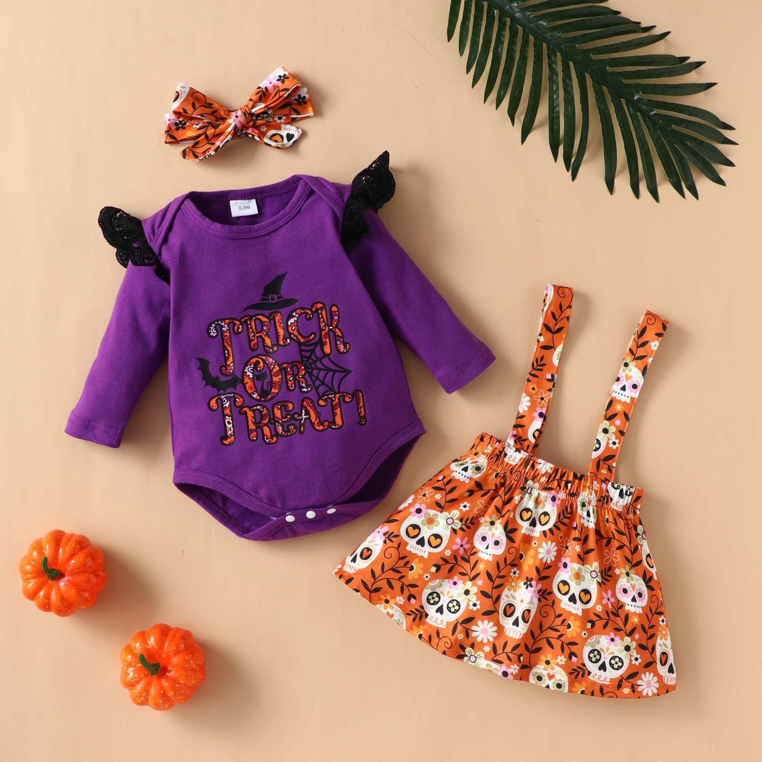 

2pcs Halloween Style Letter and Skeleton Print Color Block Purple Baby Set