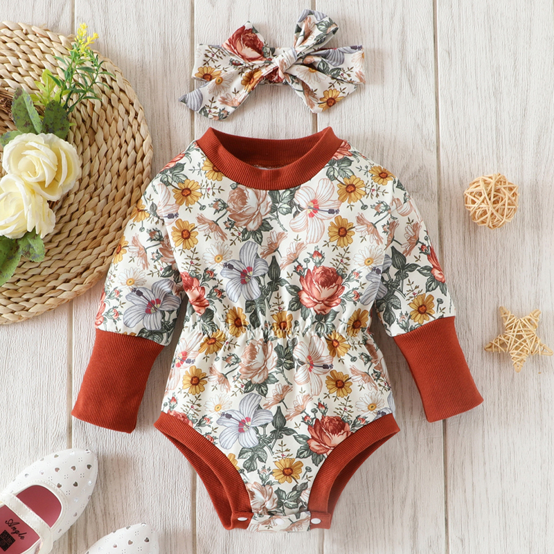 

2pcs Floral Print Ribbed Long-sleeve Baby Romper
