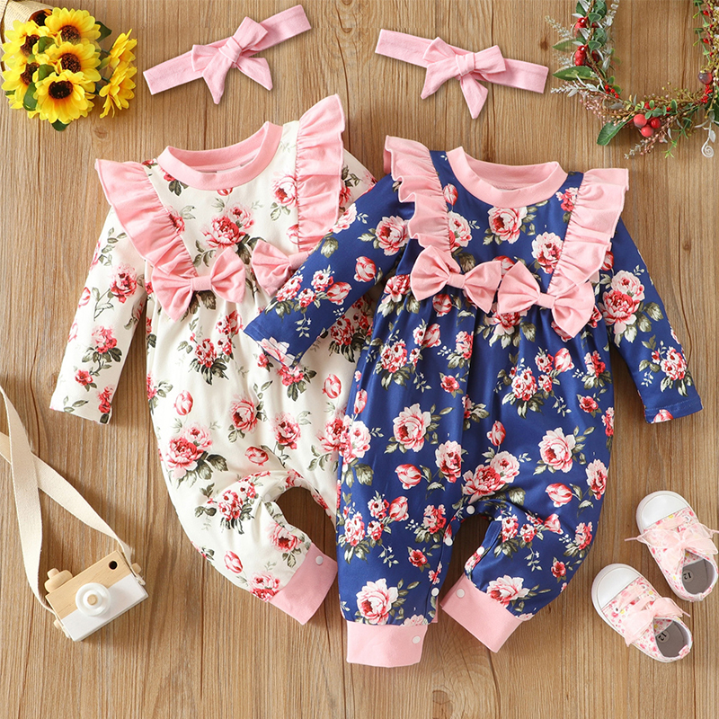 

2pcs Baby Floral Print Ruffle Bowknot Long-sleeve Baby Jumpsuit Set