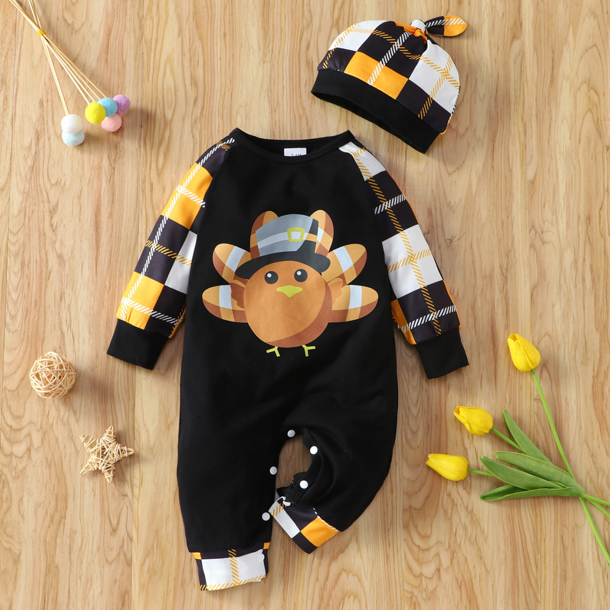 

2pcs Thanksgiving Day Cartoon Turkey Print Black Long-sleeve Baby Cotton Jumpsuit Set
