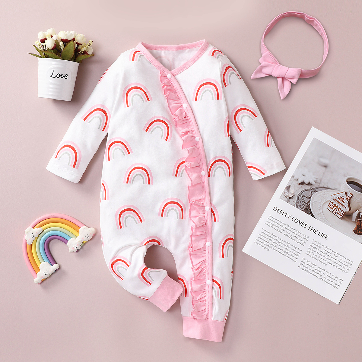 

2pcs Rainbow Print White Ruffle Long-sleeve Baby Jumpsuit Set