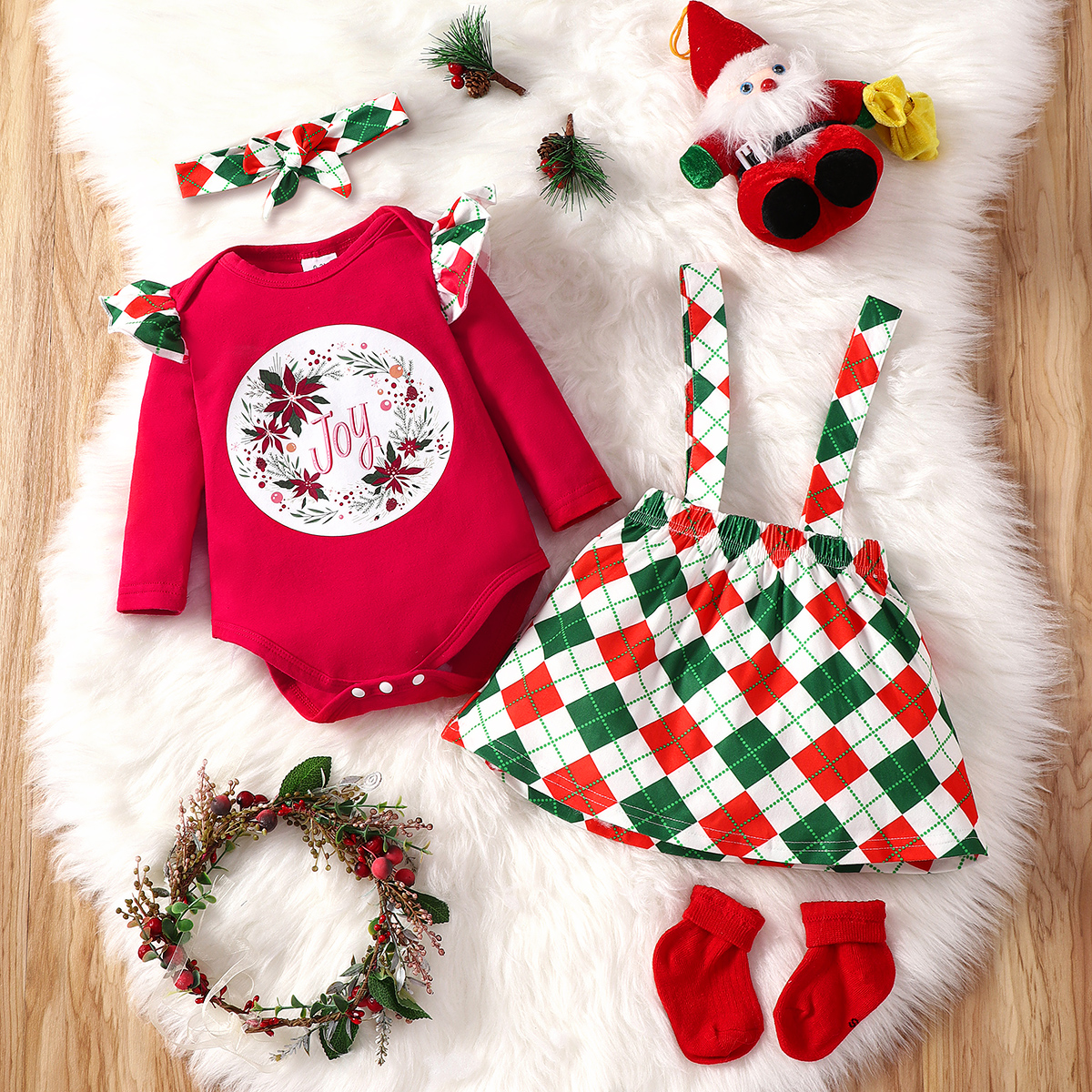 

Baby 3pcs Christmas Red Long-sleeve Romper and Plaid Suspender Skirt Set