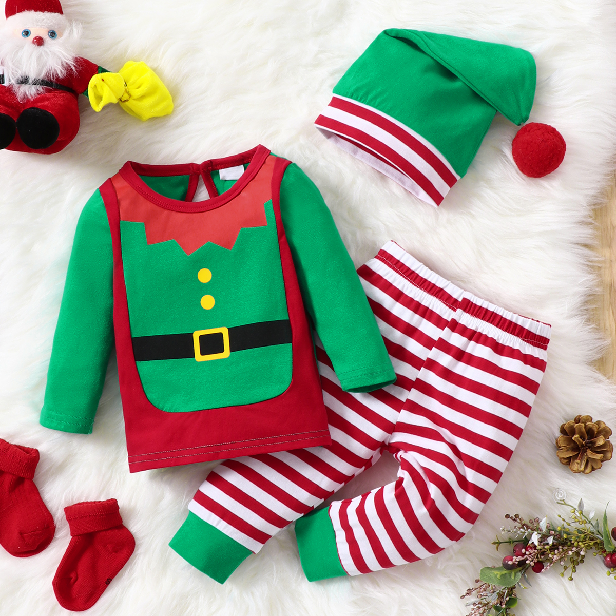 

Christmas 3pcs Baby Elf Outfits Cotton Long-sleeve Top and Striped Trousers Set