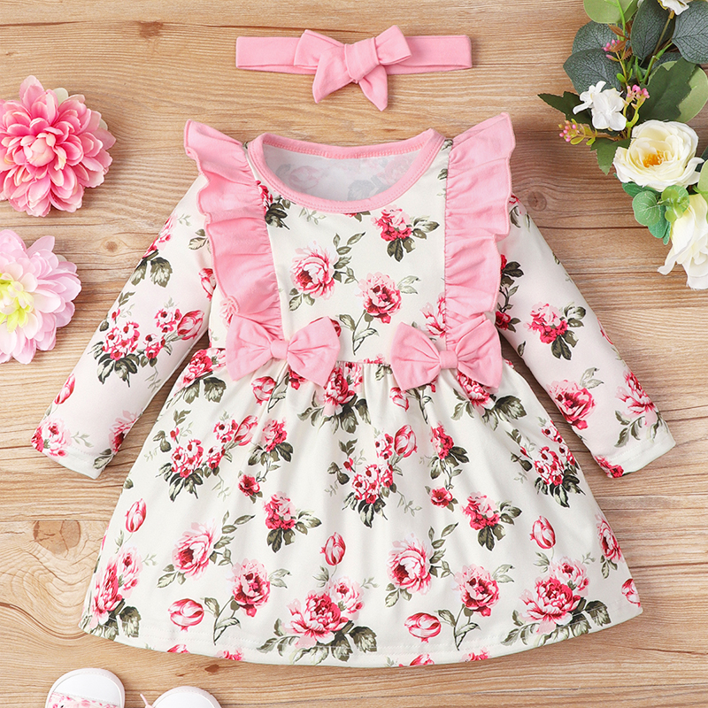 

2pcs Baby All Over Floral Print Ruffle Bowknot Long-sleeve Dress Set