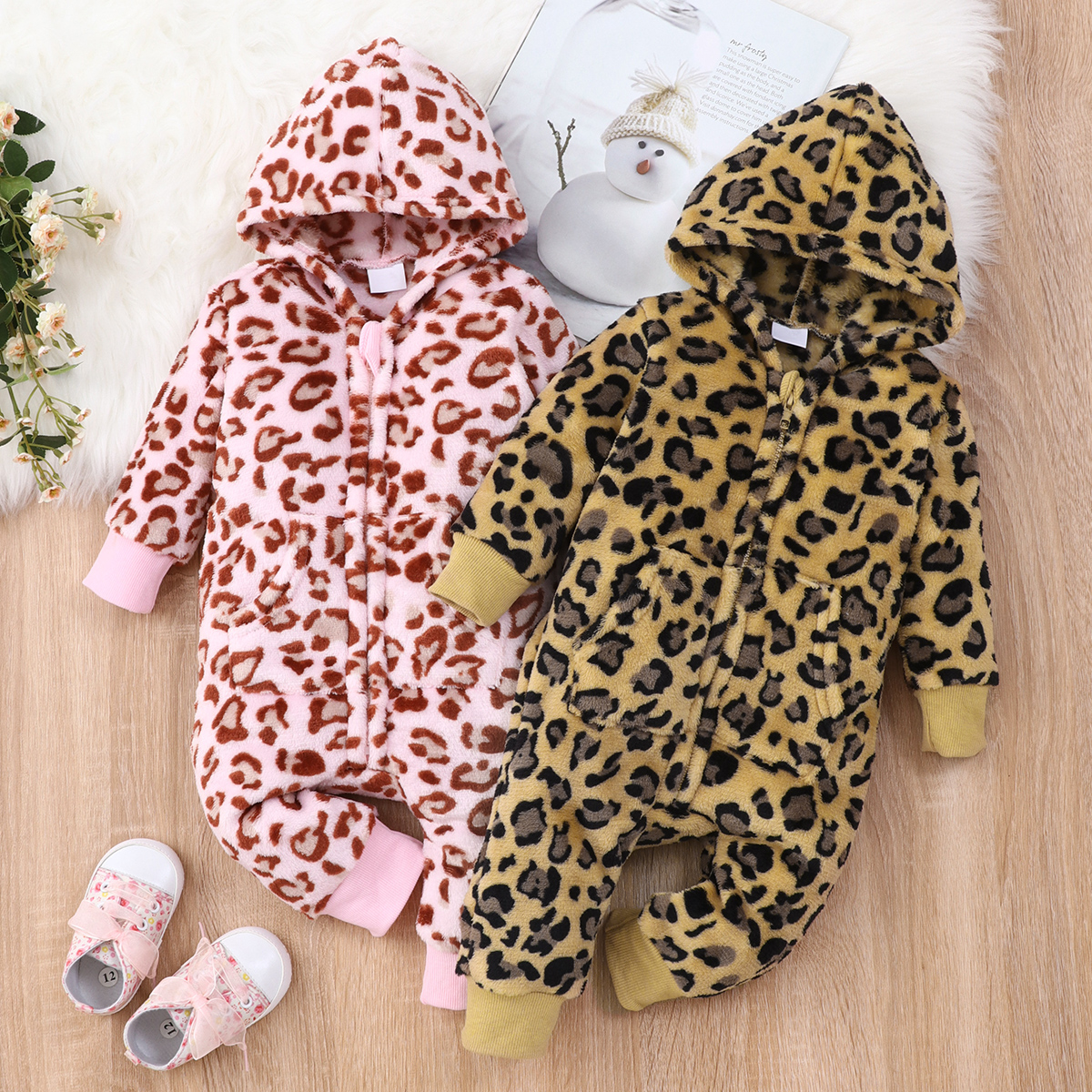 

Baby All Over Leopard Flannel Long-sleeve Hooded Jumpsuit