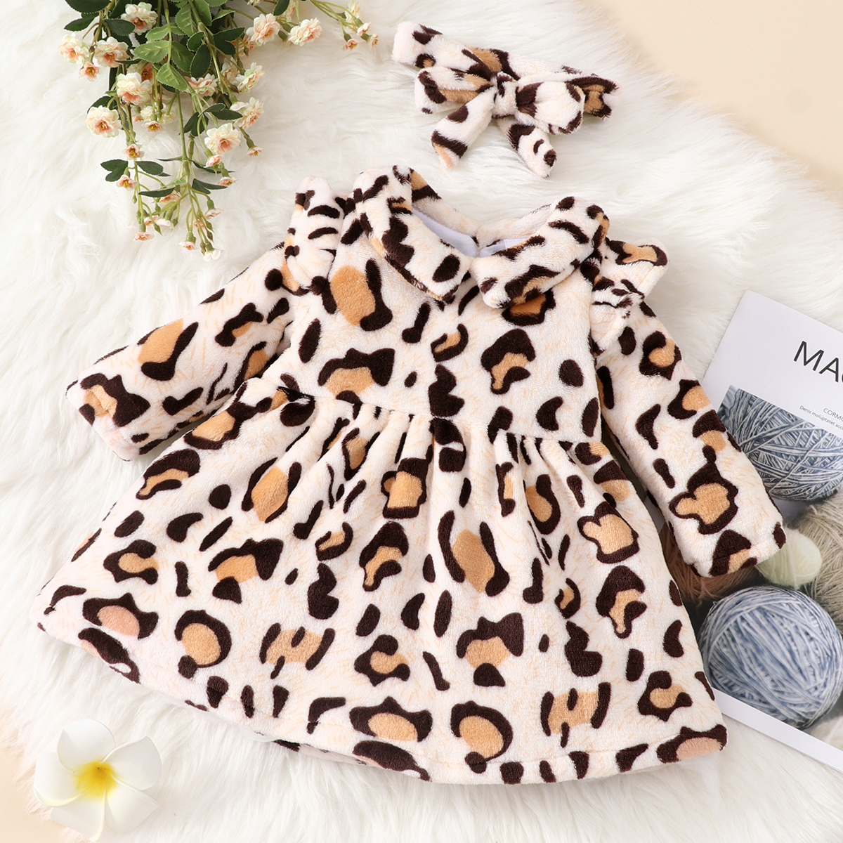 

2pcs Baby Girl Leopard Thickened Flannel Doll Collar Long-sleeve Dress Set