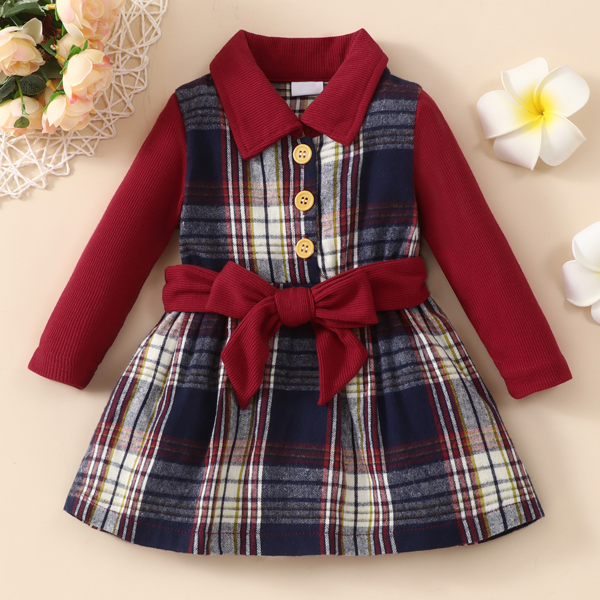 

Baby Girl Red Lapel Long-sleeve Belted Splicing Plaid Dress