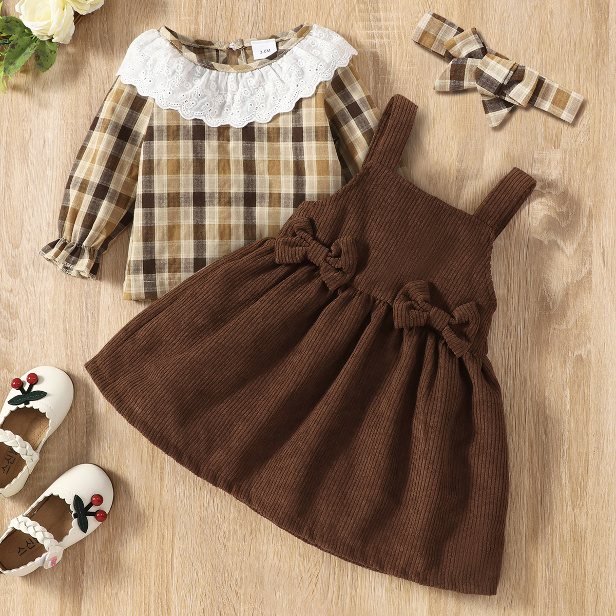 

3pcs Baby Girl Ruffle Collar Plaid Long-sleeve Top and Brown Overall Dress Set