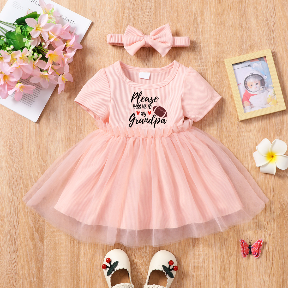 

2pcs Baby Girl Football and Letter Print Pink Ribbed Short-sleeve Splicing Mesh Dress with Headband Set