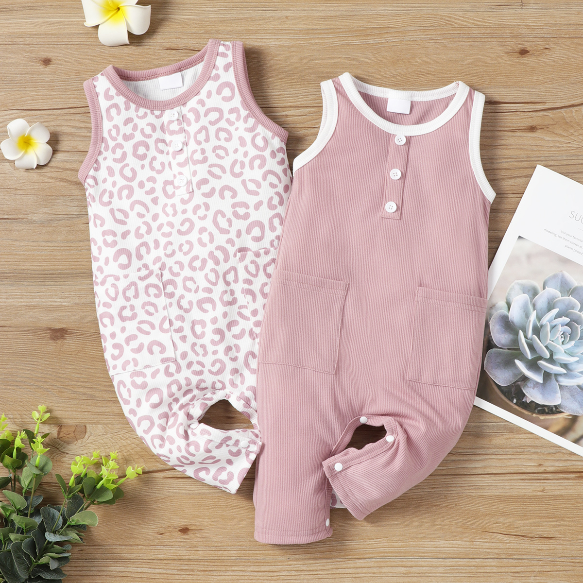 

Baby Boy/Girl Ribbed Leopard/Solid Sleeveless Tank Jumpsuit