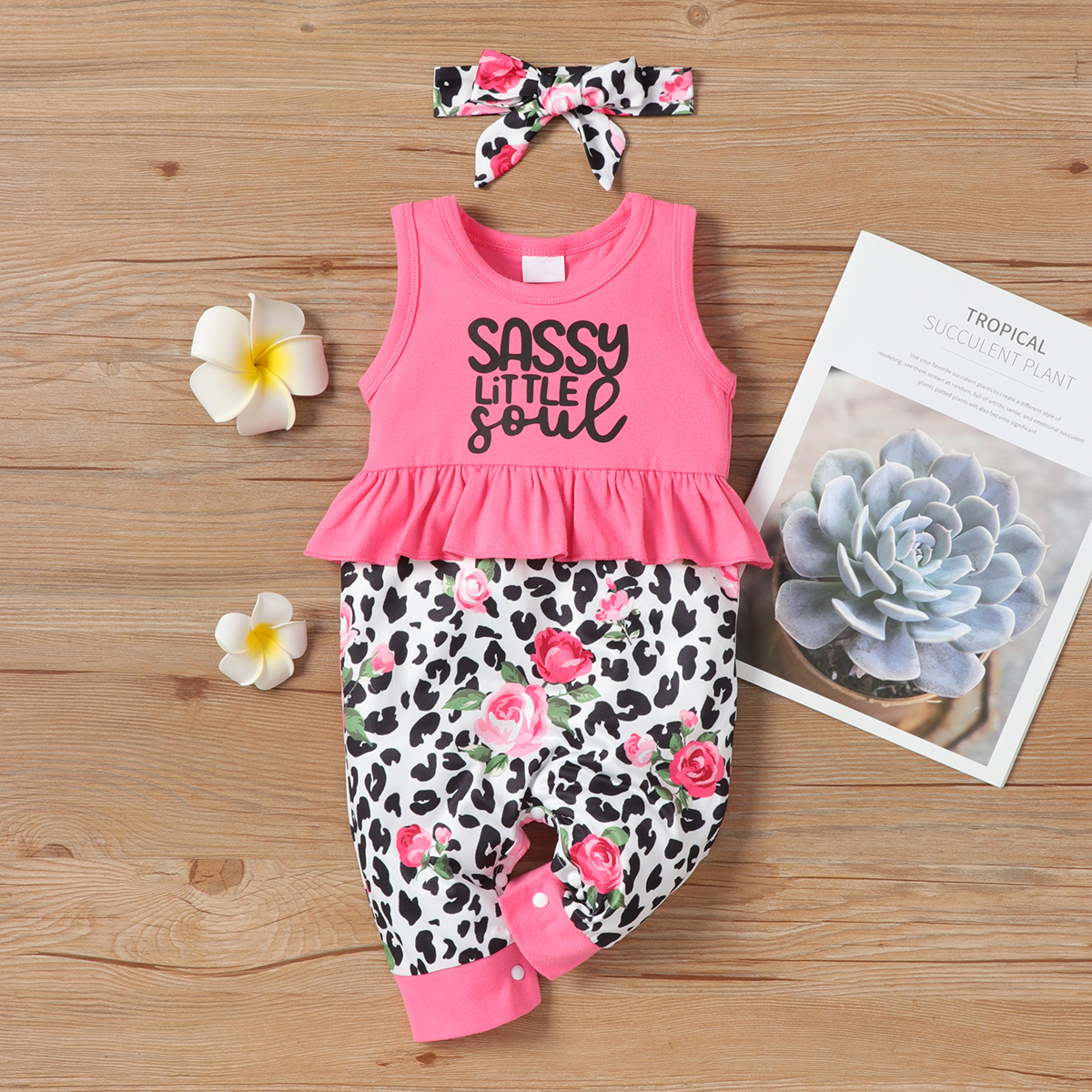 

2pcs Baby Girl Letter Print Faux-two Sleeveless Ruffle Floral Print Leopard Jumpsuit with Headband Set