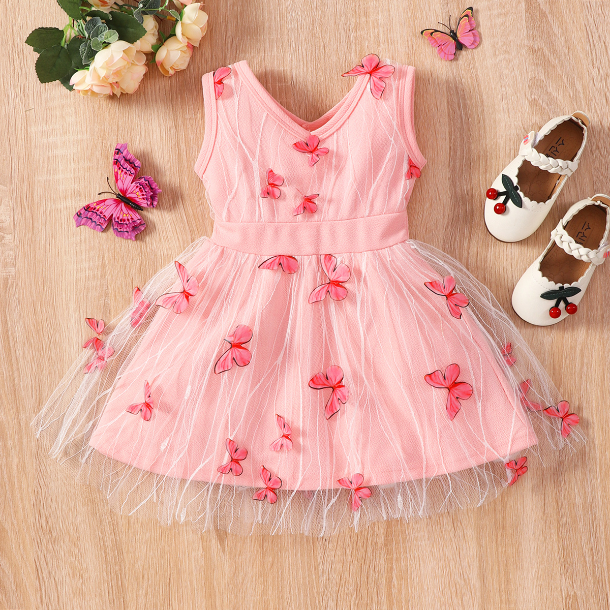 

Baby Girl V Neck Sleeveless Pink 3D Butterfly Mesh Dress