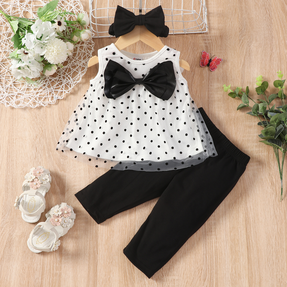 

3pcs Baby Girl Faux Leather Bowknot Design Polka Dots Mesh Tank Top and Solid Pants with Headband Set