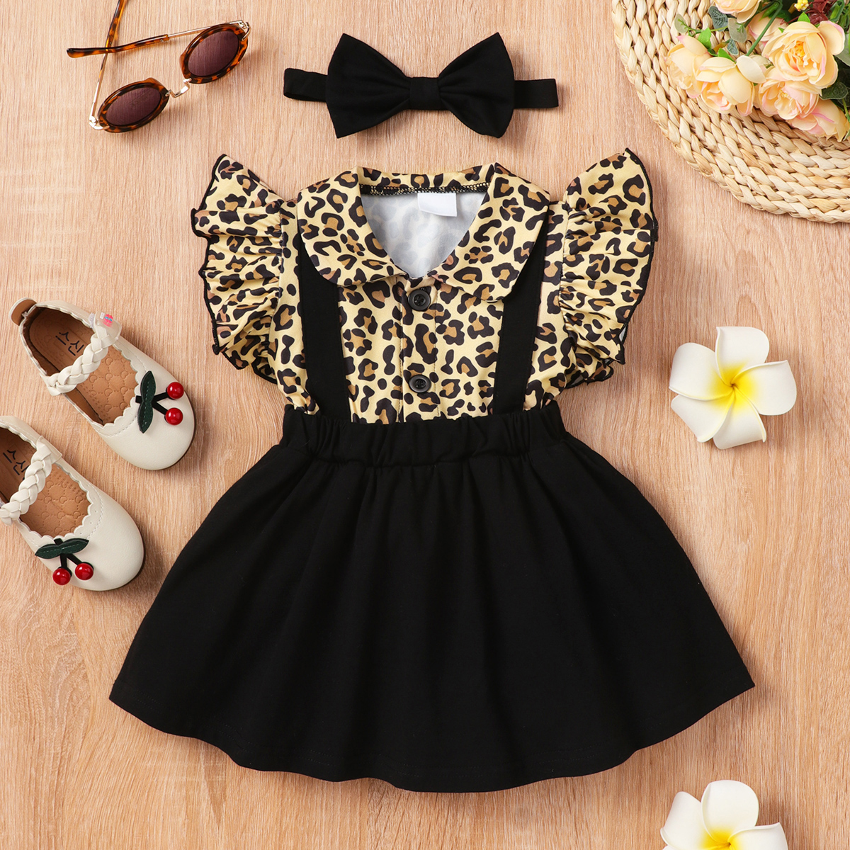 

2pcs Baby Girl Leopard Ruffle-sleeve Faux-two Suspender Dress with Headband Set