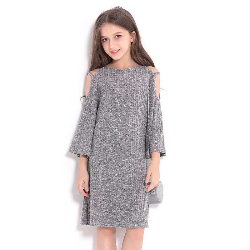 

Girl's Trendy Open Shoulder Dress in Grey