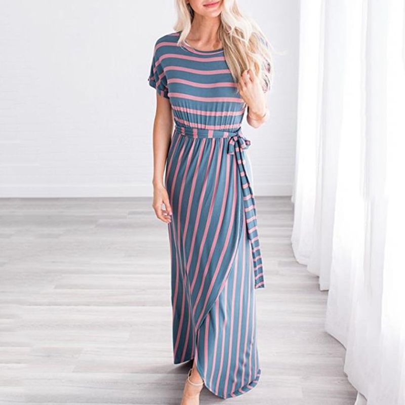 

Trendy Colorful Striped Maxi Dress with Waist Tie