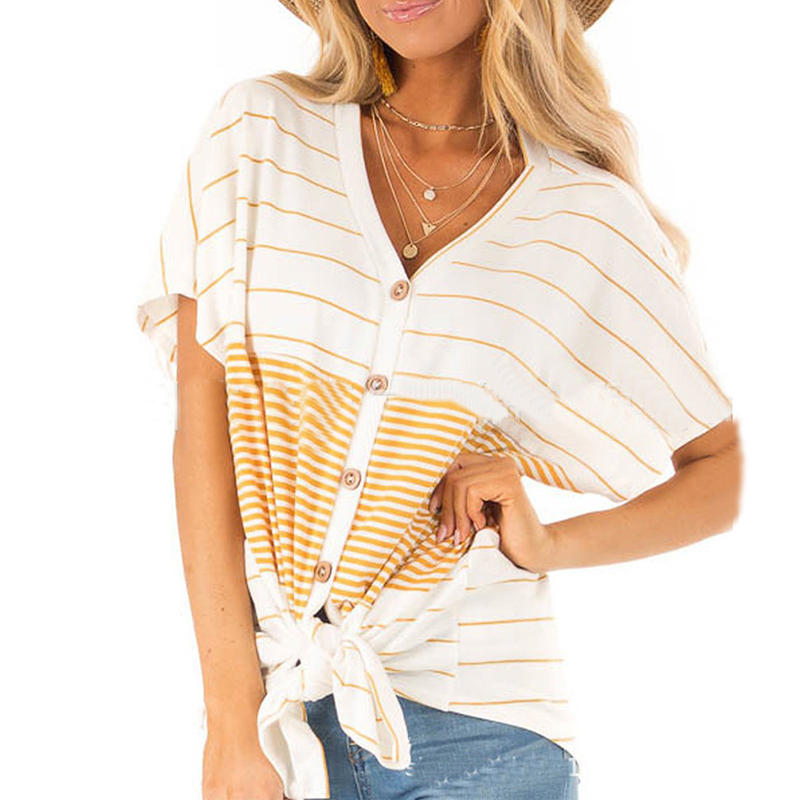 

Stylish Striped Front Knot Short-sleeve Top