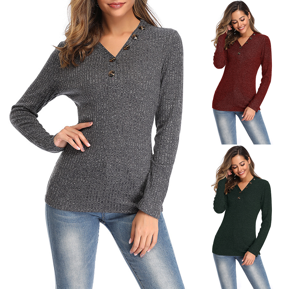

V-neck Plain long sleeve casual Pullovers