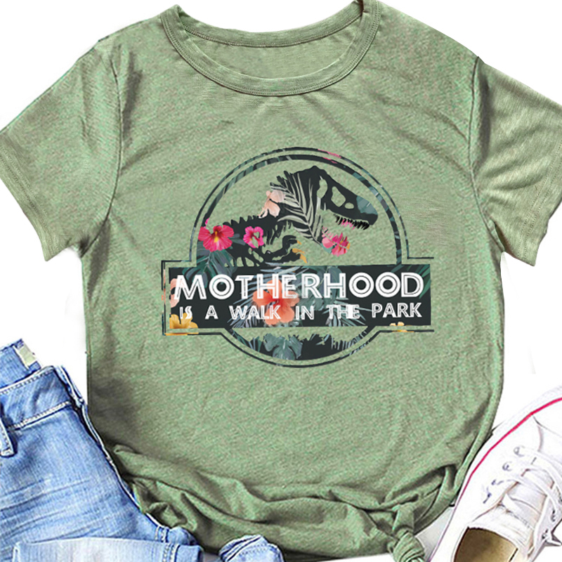 

Round collar dinosaur Floral print Short Sleeve casual T-shirt For women