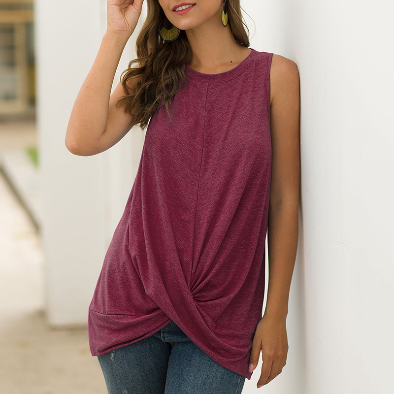

Round Collar Plain Sleeveless Casual T-shirt
