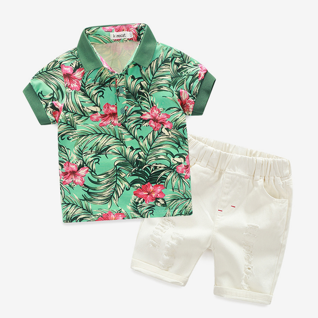 

Floral Polo T-shirt and Ripped Shorts Set