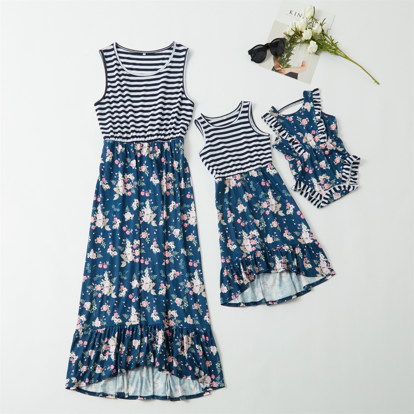 

Mommy and Me Striped Stitching Print Irregular Hem Tank Dresses
