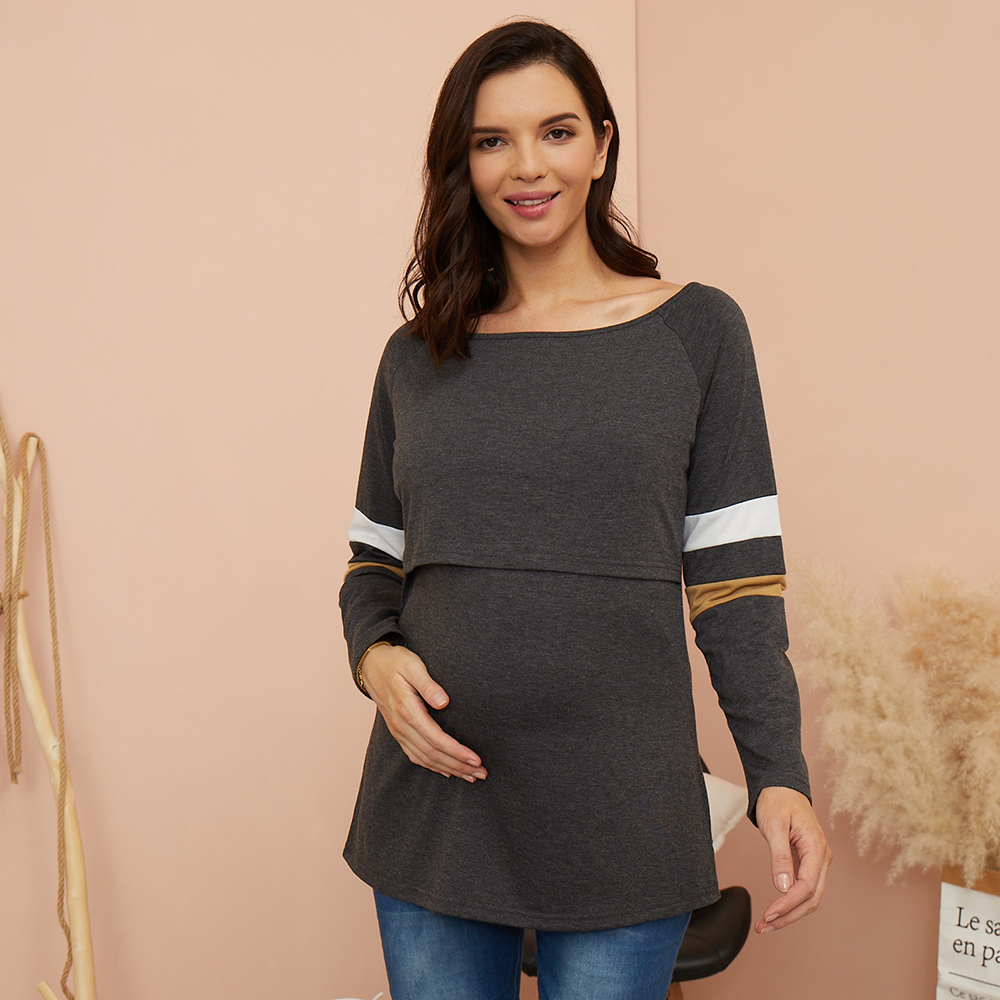 

Maternity Round collar Color block Dark Grey Long-sleeve Nursing Tee