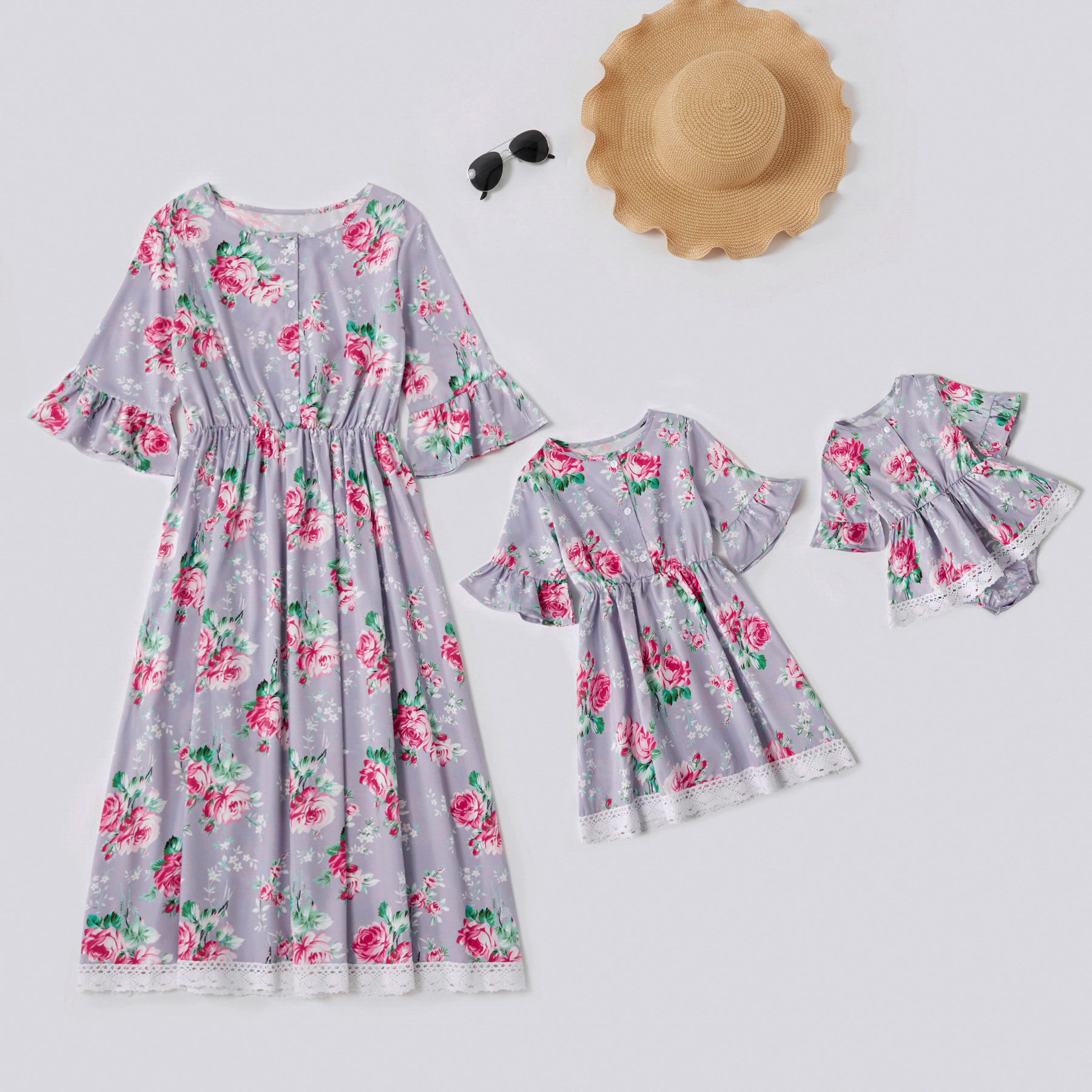 

Mommy and Me Floral Print Stitching Lace Hem Mid-sleeve Dresses