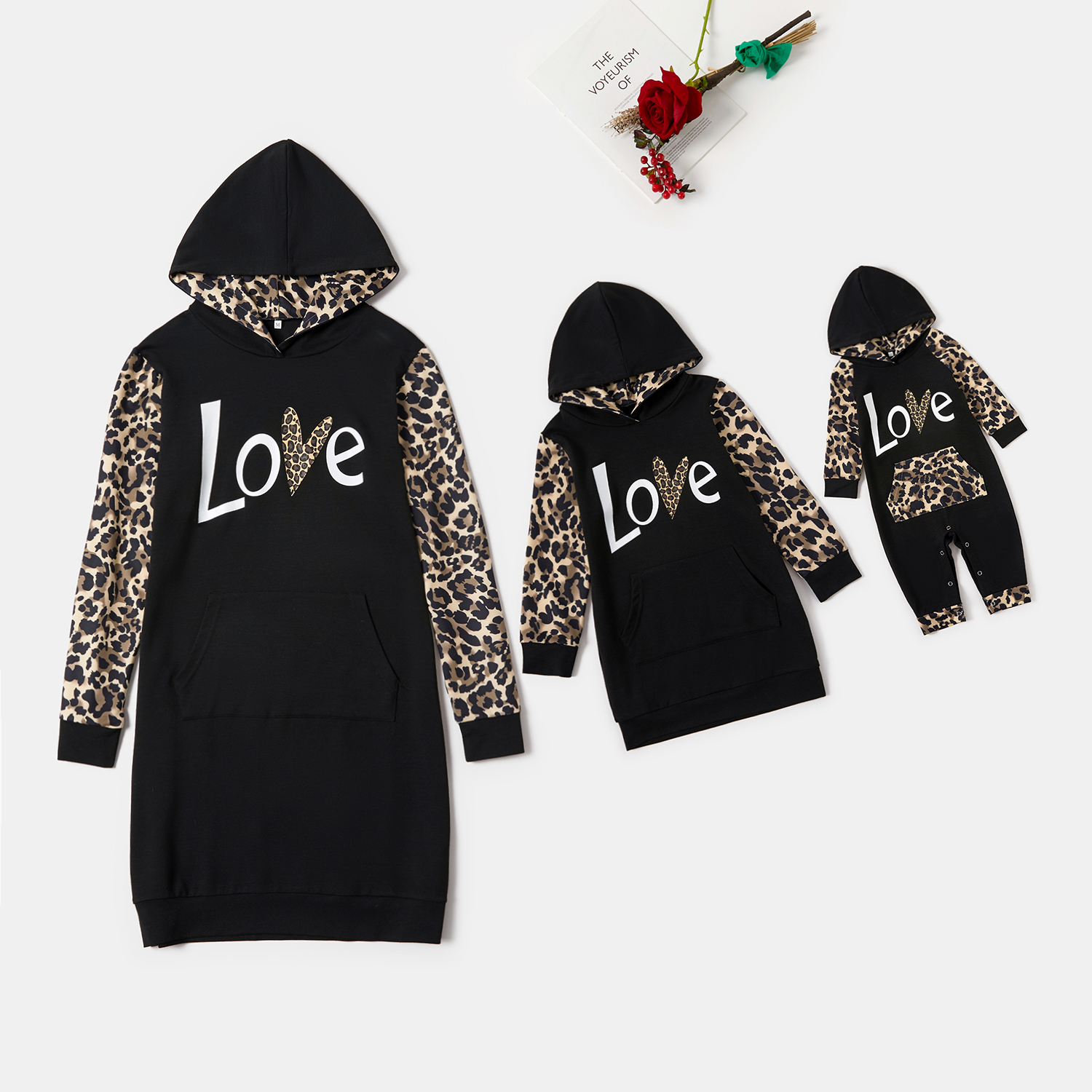 

Leopard Sleeve Letter Print Matching Hoodies Mini Dresses
