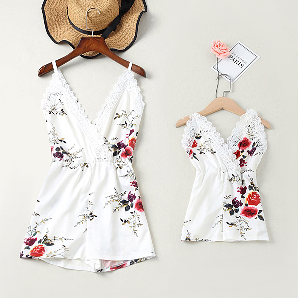 

Floral Print Lace Decor White Sling Rompers for Mommy and Me