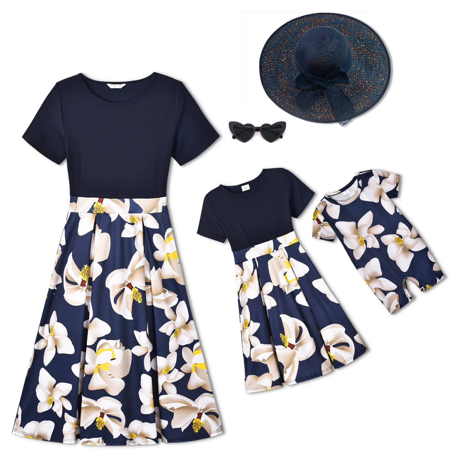

Dark Blue Floral Print Short-sleeve Matching Stitching Midi Dresses