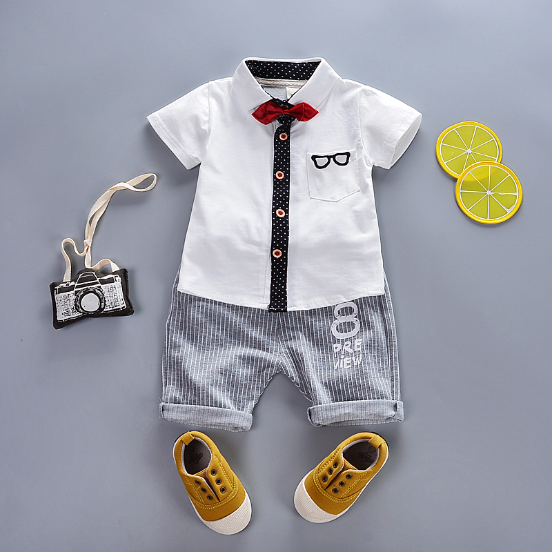 

Baby / Toddler Bow Tie Decor Embroidered Dotted Tee and Striped Shorts Set