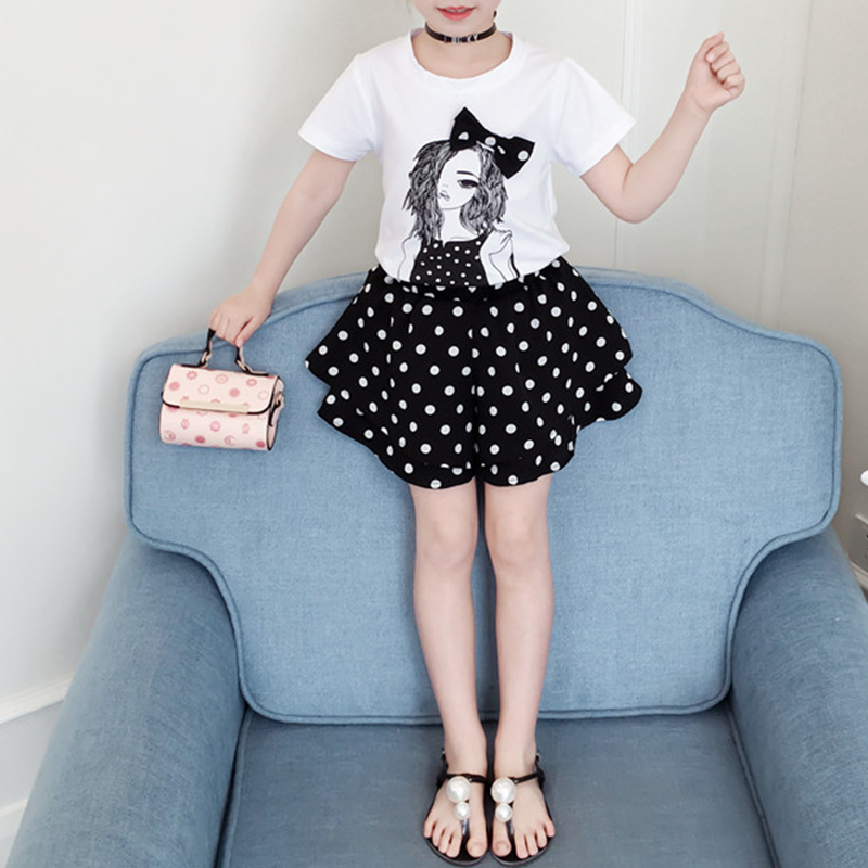 

Stylish Cartoon Girl Tee and Polka Dots Shorts