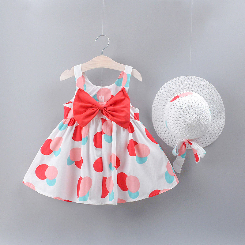 

Girl's Color Dots Allover Back Bow Decor Dress ( Send Hat )