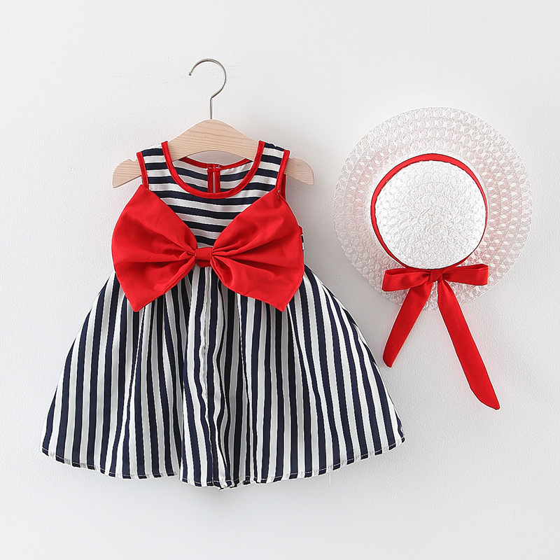 

Baby / Toddler Striped Bow Decor Sleeveless Dress ( Send Hat )