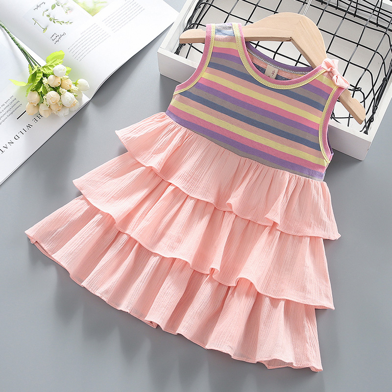 

Stylish Multi-color Striped Bow Decor Sleeveless Tulle Dress for Girls