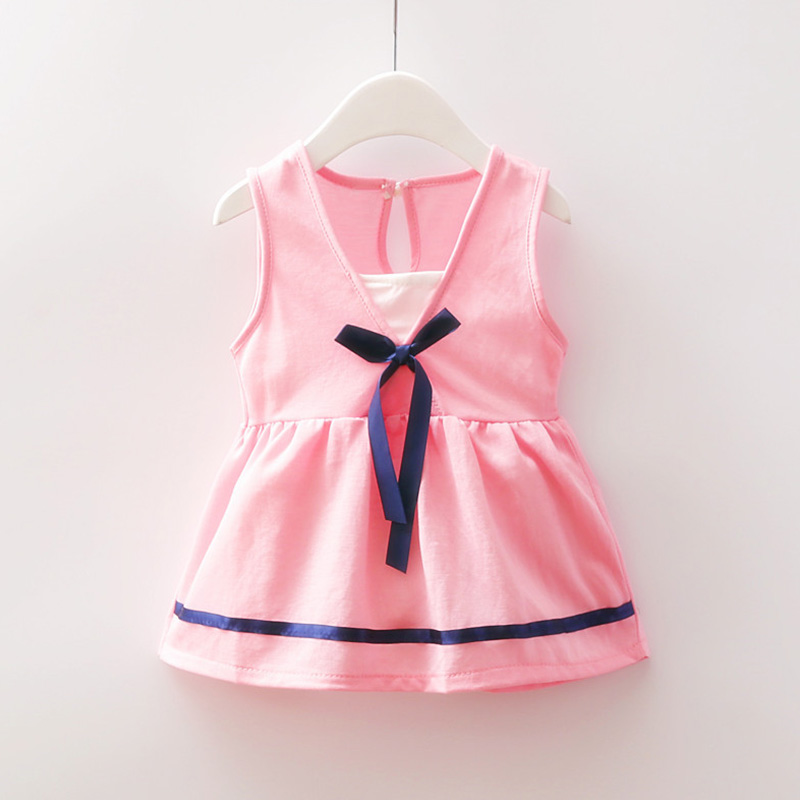 

Baby / Toddler Lovely Solid Striped Hem Bow Decor V Neck Sleeveless Dress