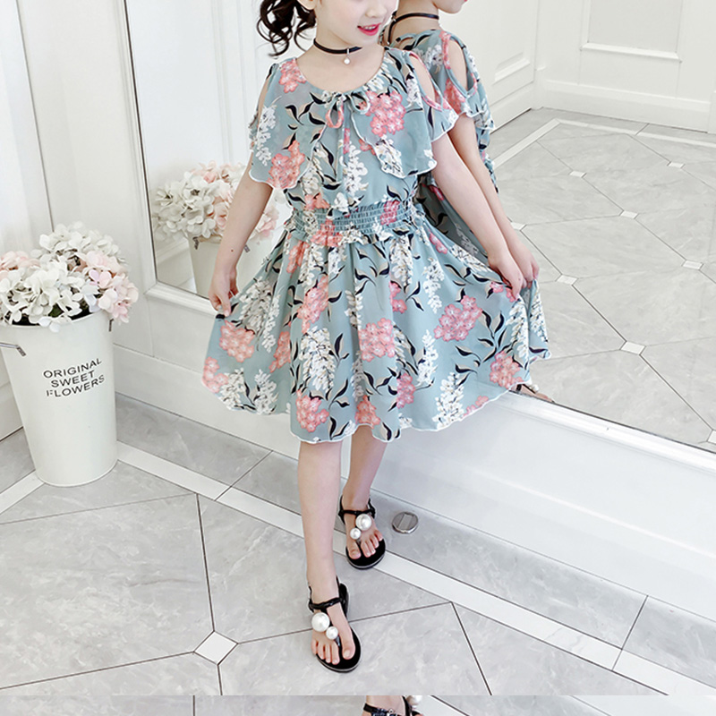 

Girl's Short-sleeve Print Floral Chiffon Cinched Waist Dress