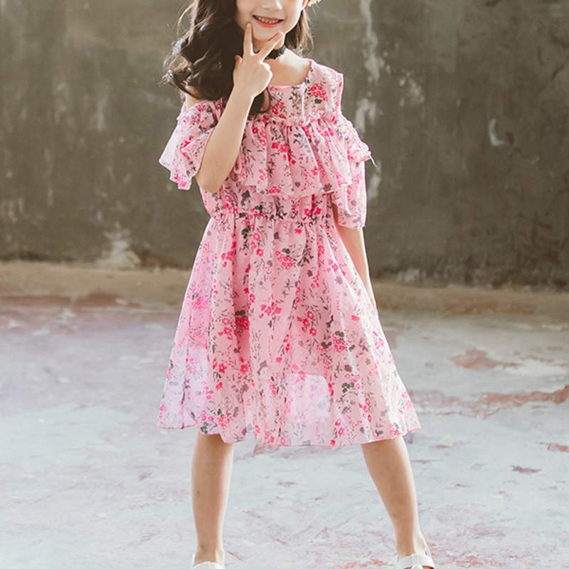

Summer Trendy Print Flounced Floral Off Shoulder Dress for Girl