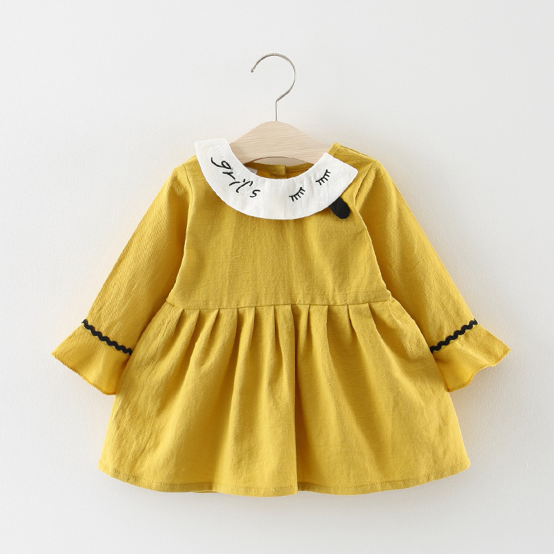 

Baby Girl Solid Doll Collar Long-sleeve Dress