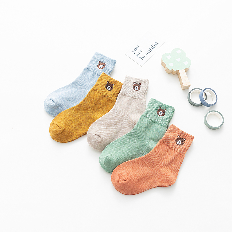 

5-piece Baby / Toddler Bear Embroidery Solid Socks Set