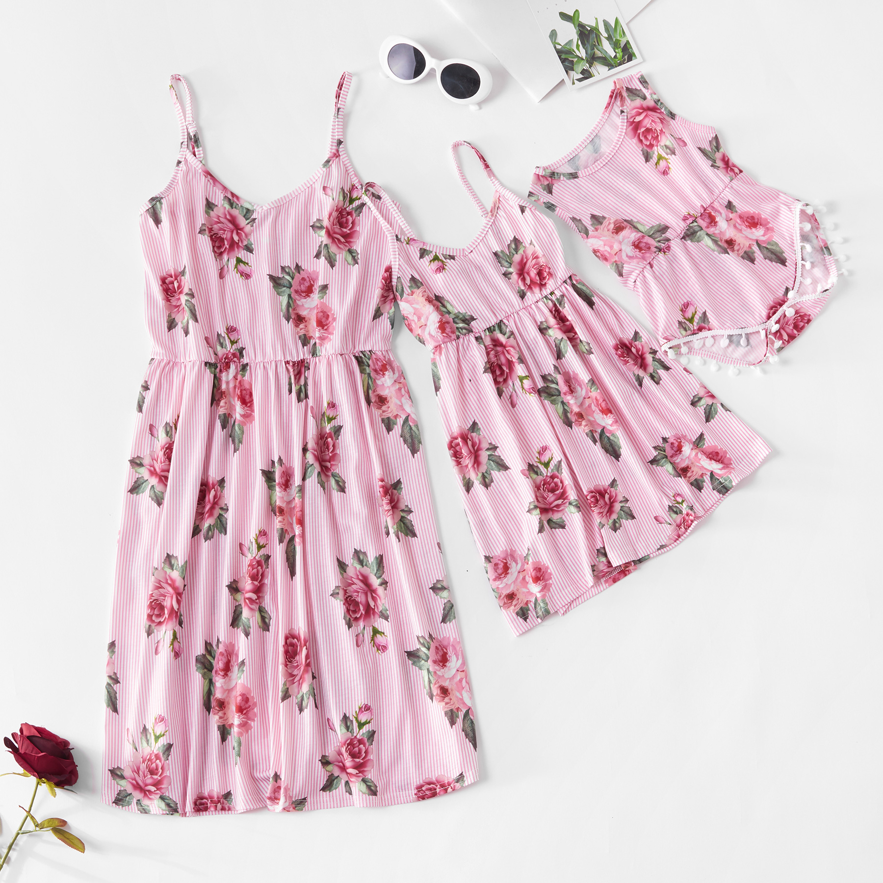 

Striped Rose Print Matching Dresses