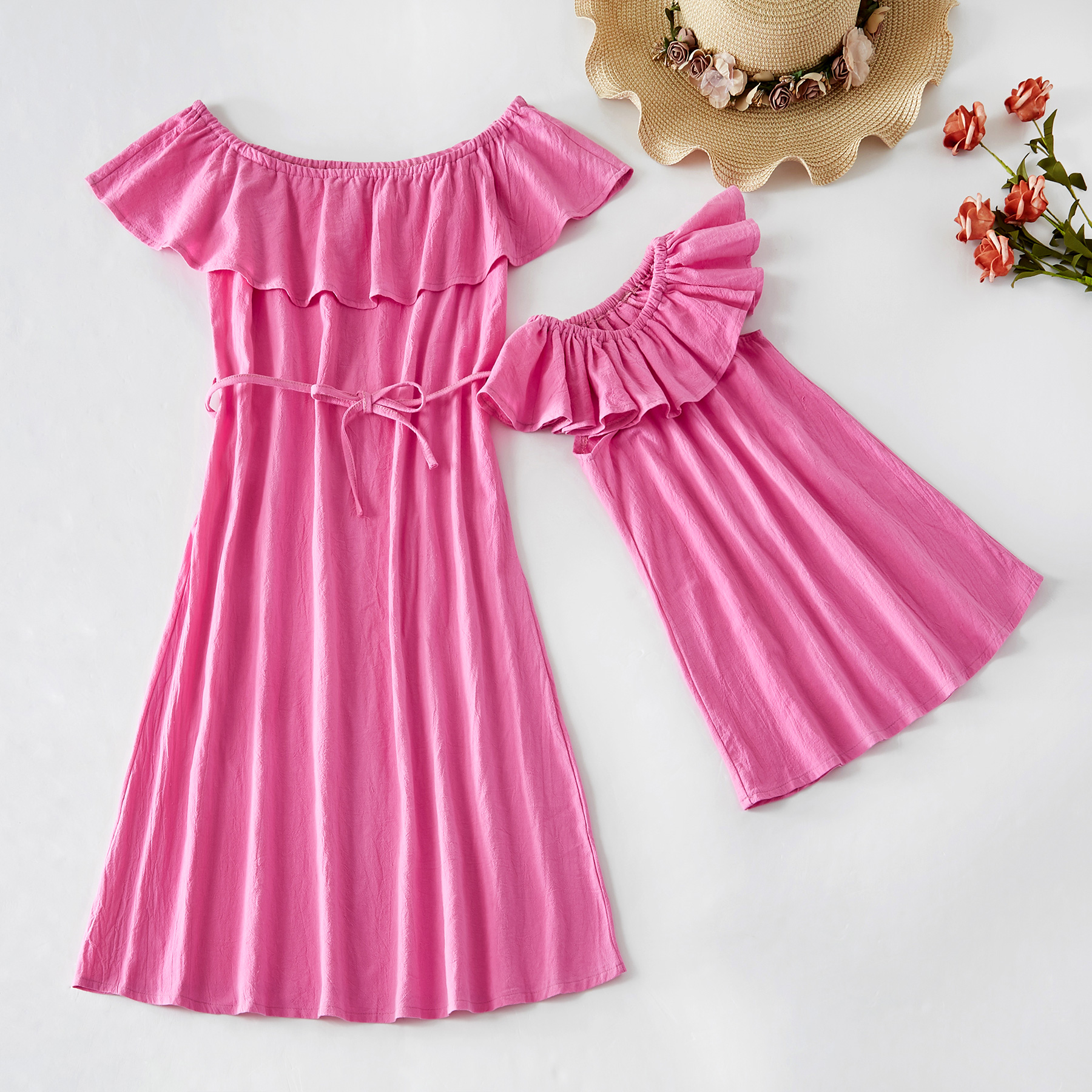 

Solid Off-shoulder Matching Dresses