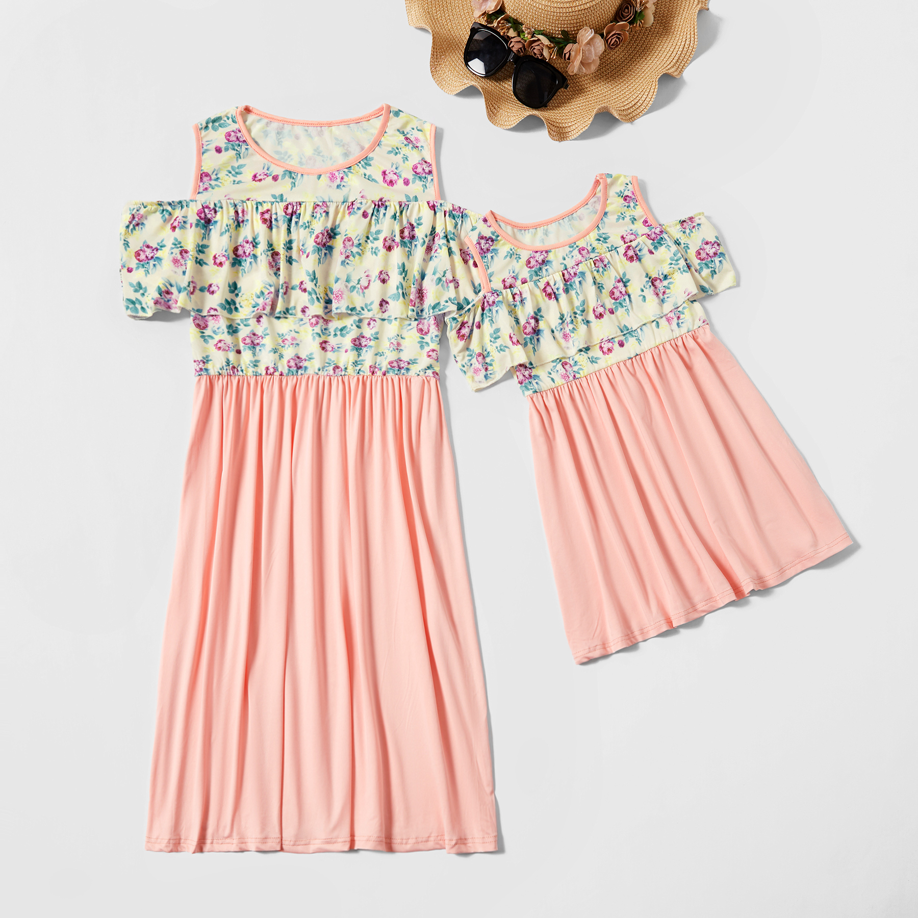 

Printed Off-shoulder Matching Dresses