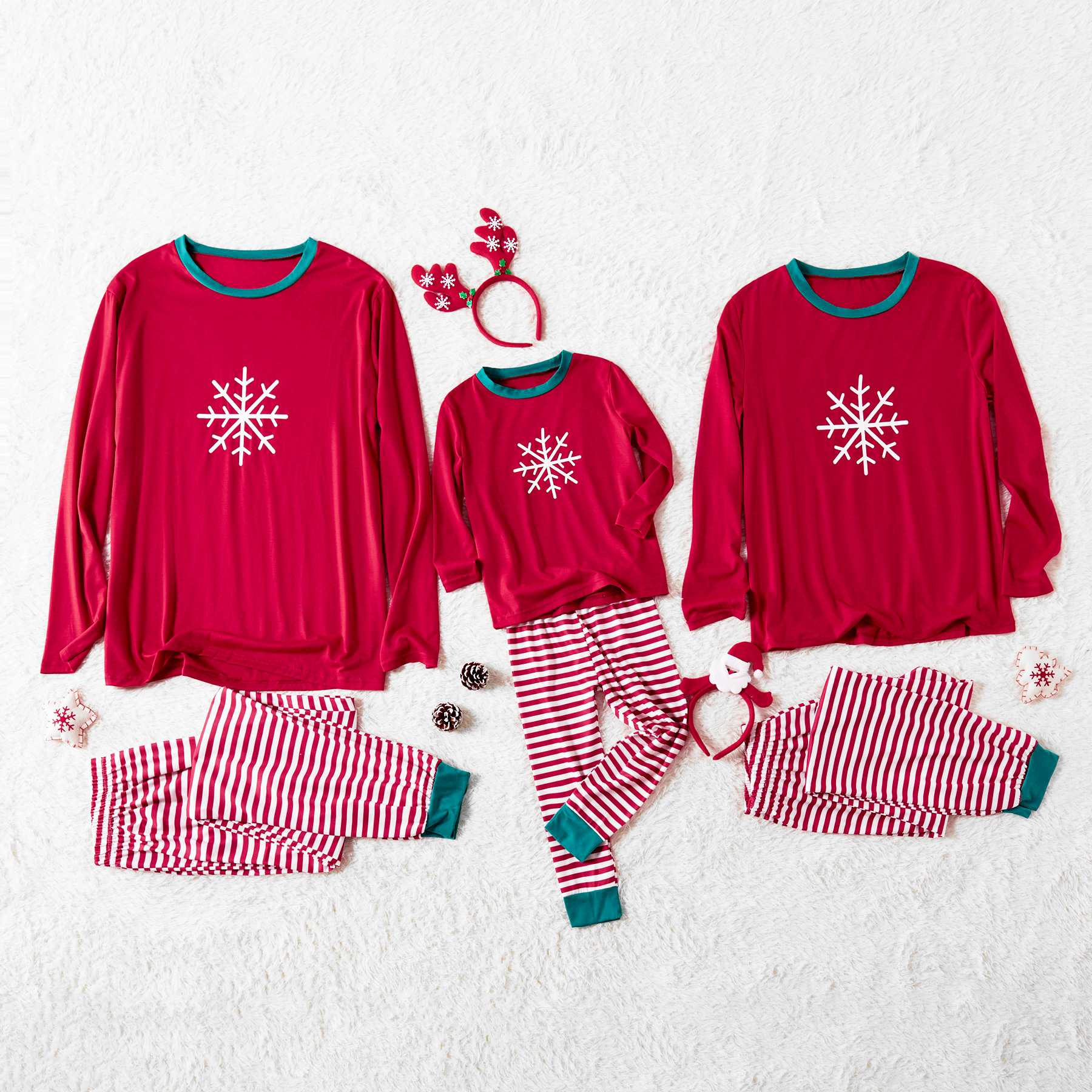 

Snowflake Long-sleeve Top and Striped Pants Family Matching Pajamas Sets