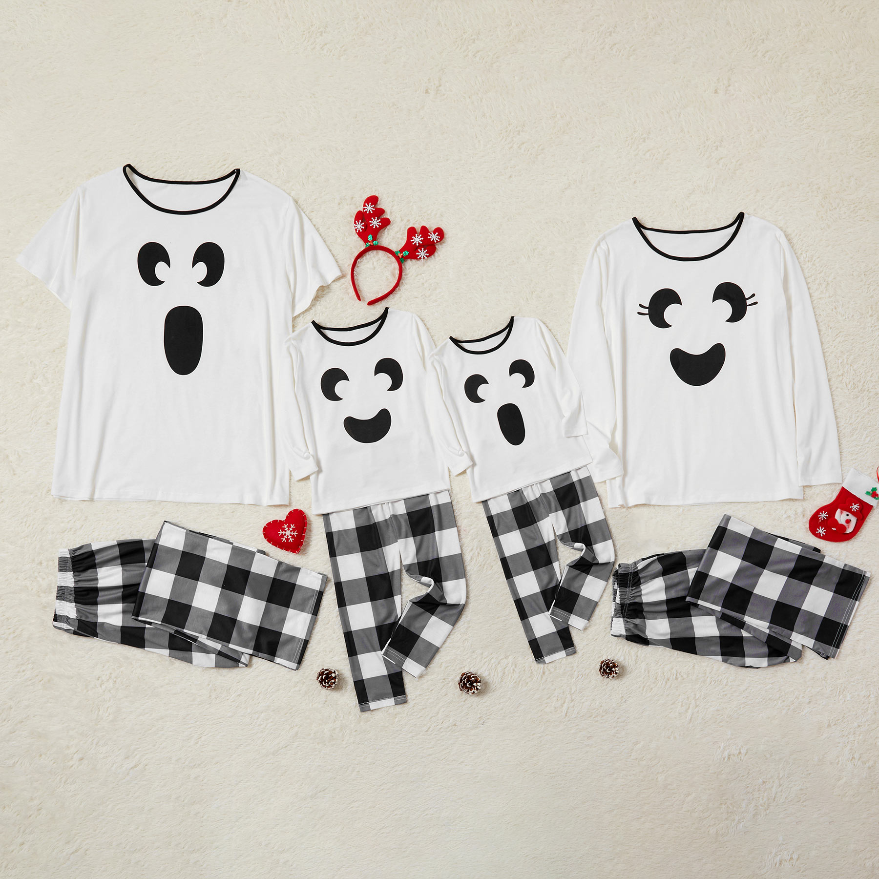 

Christmas Smile Face Print Top and Plaid Pants Family Matching Pajamas Set