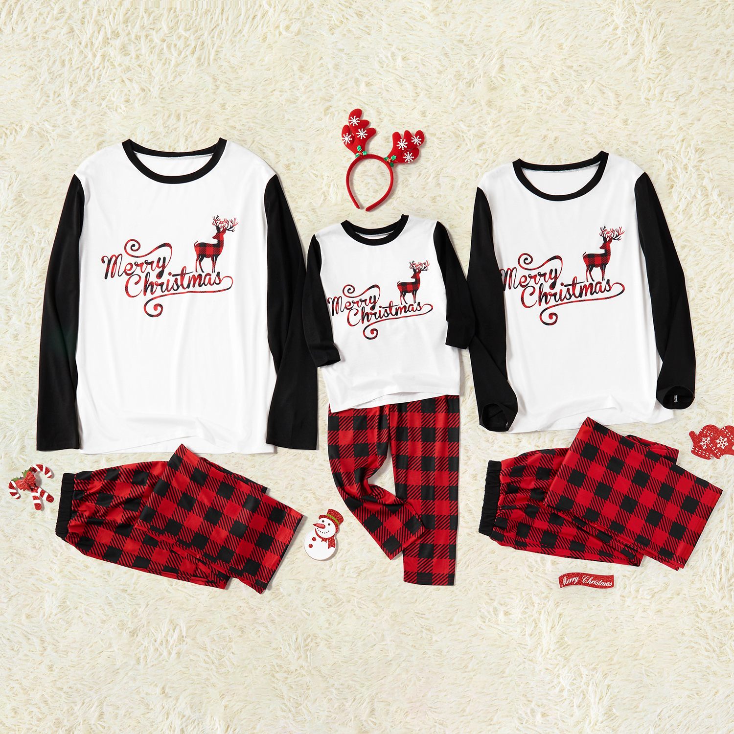 

Merry Christmas Reindeer Print Top and Plaid Pants Family Matching Pajamas Set