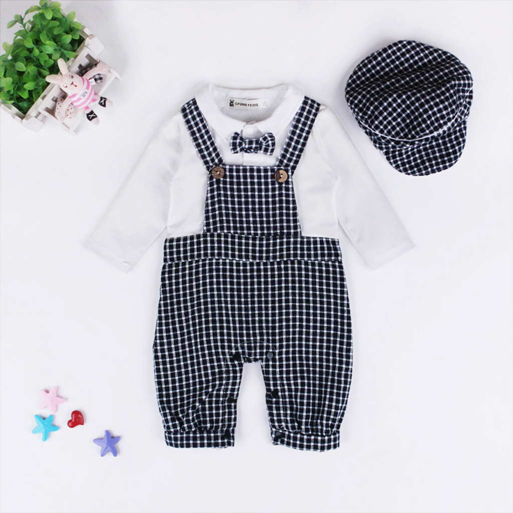 

Baby Plaid Faux-two Overalls Bow Tie Jumpsuit and Hat