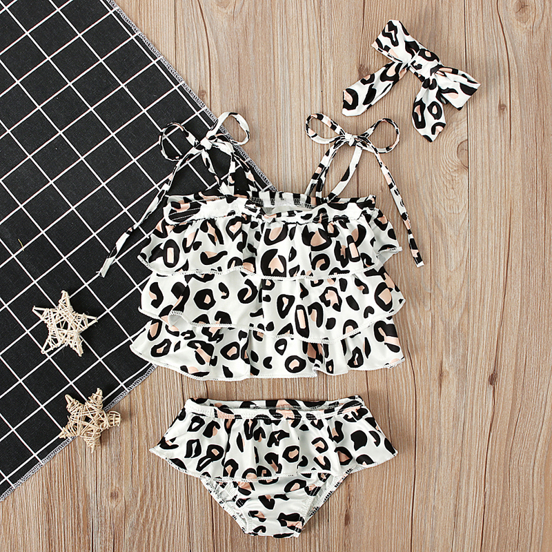 

3-piece Baby / Toddler Leopard Flounced Top and Shorts Swimwear with Headband