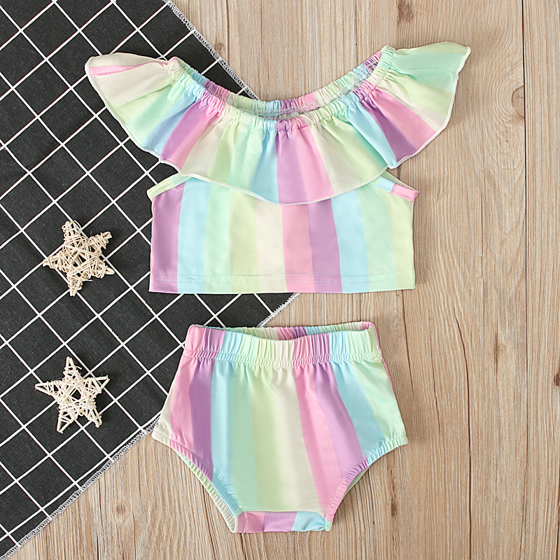 

Baby / Toddler Colorful Rainbow Print Off Shoulder Top and PP Shorts Set